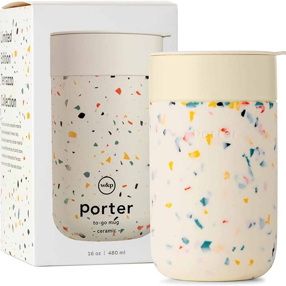 Ceramic Travel Mug 16oz Terrazzo Cream Modern Meal Prep